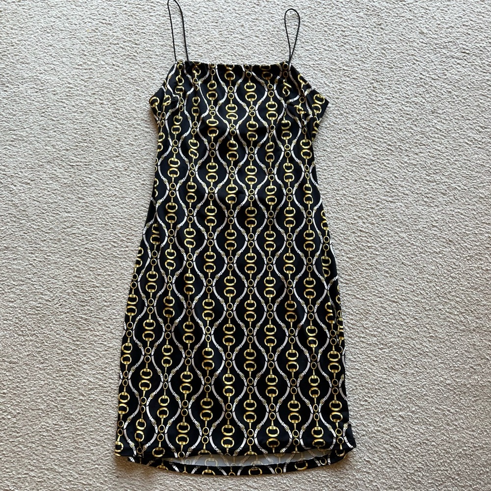 Women New Mode Black Gold Chain Tie Back Shift Dress Stretch Fitted Sleeveless L